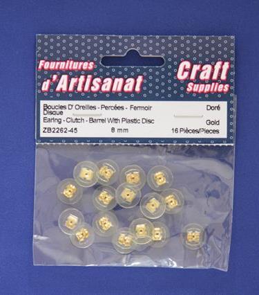 Earing - Clutch - Barrel With Plastic Disc, 8 Mm, 16 Pieces, Doré