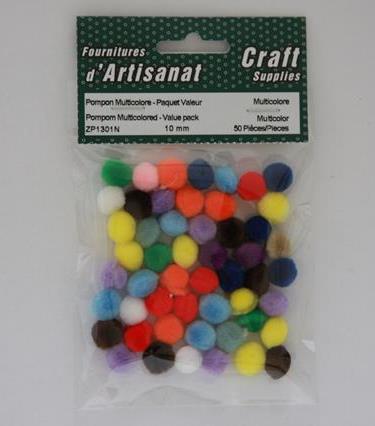 Pompom Multicolored - Value Pack, 10 Mm, 50 Pieces, Multicolor