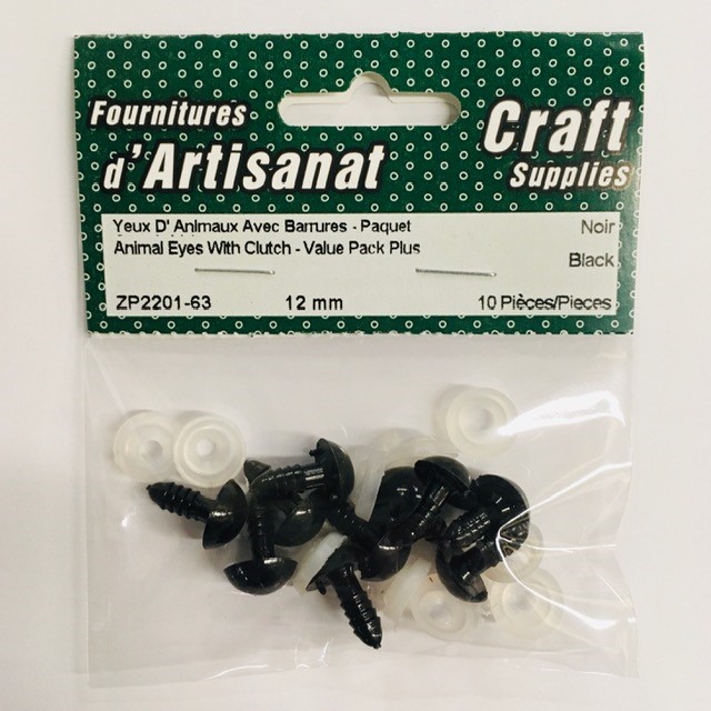Animal Eyes With Clutch - Value Pack Plus, 12 Mm., 10 Pieces, Opaque Black